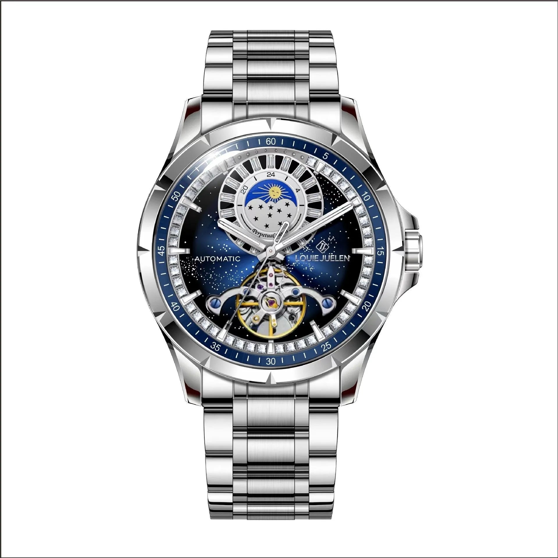 Men's silver alloy automatic watch with blue dial and stainless steel strap on wrist