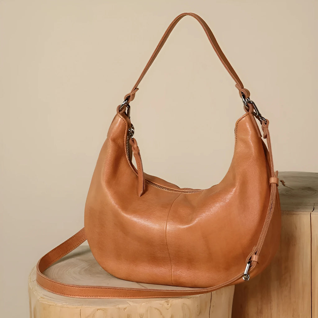 Cortical women's spliced casual crossbody bag in khaki top grain leather dumpling shape 30x7x19cm