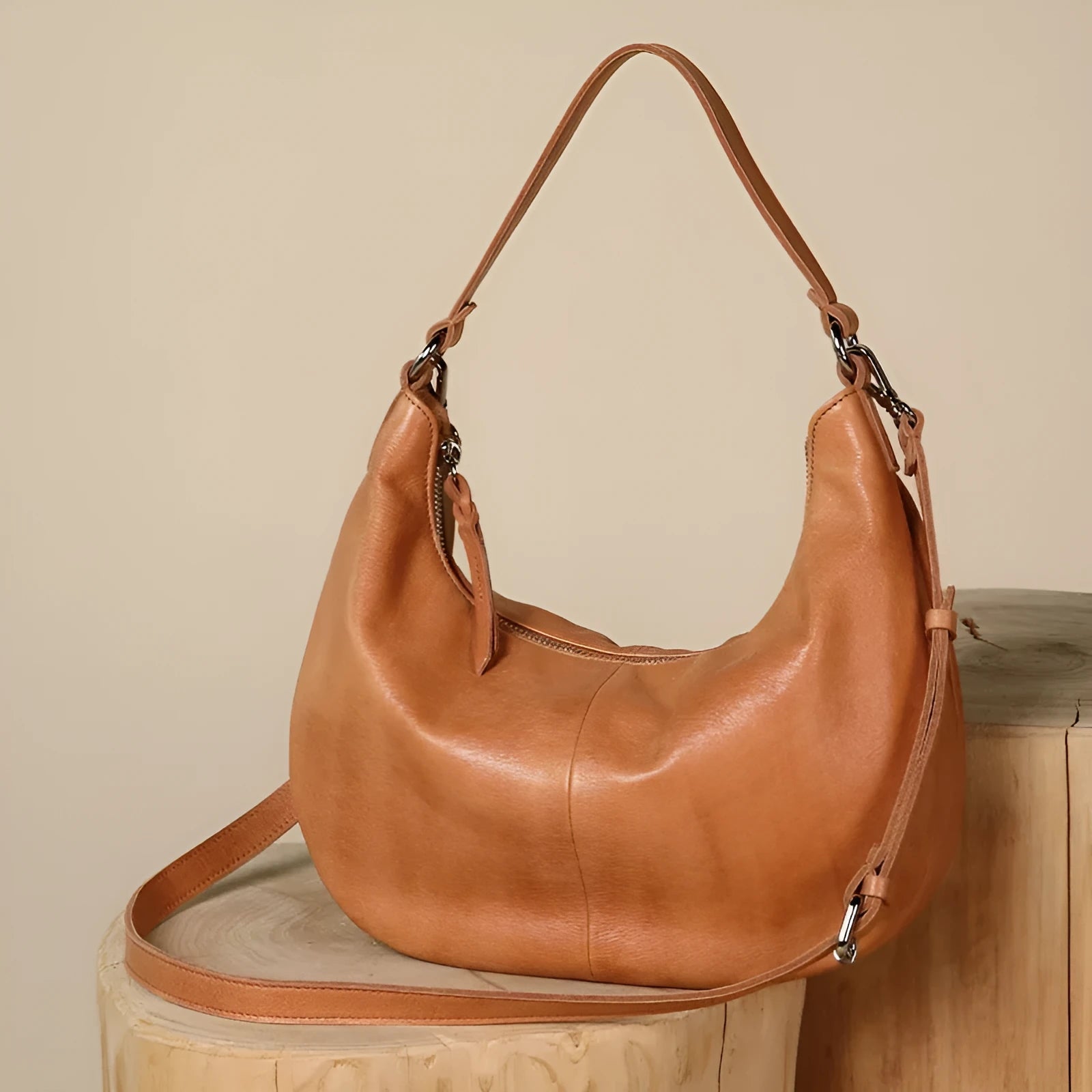 Cortical women's spliced casual crossbody bag in khaki top grain leather dumpling shape 30x7x19cm