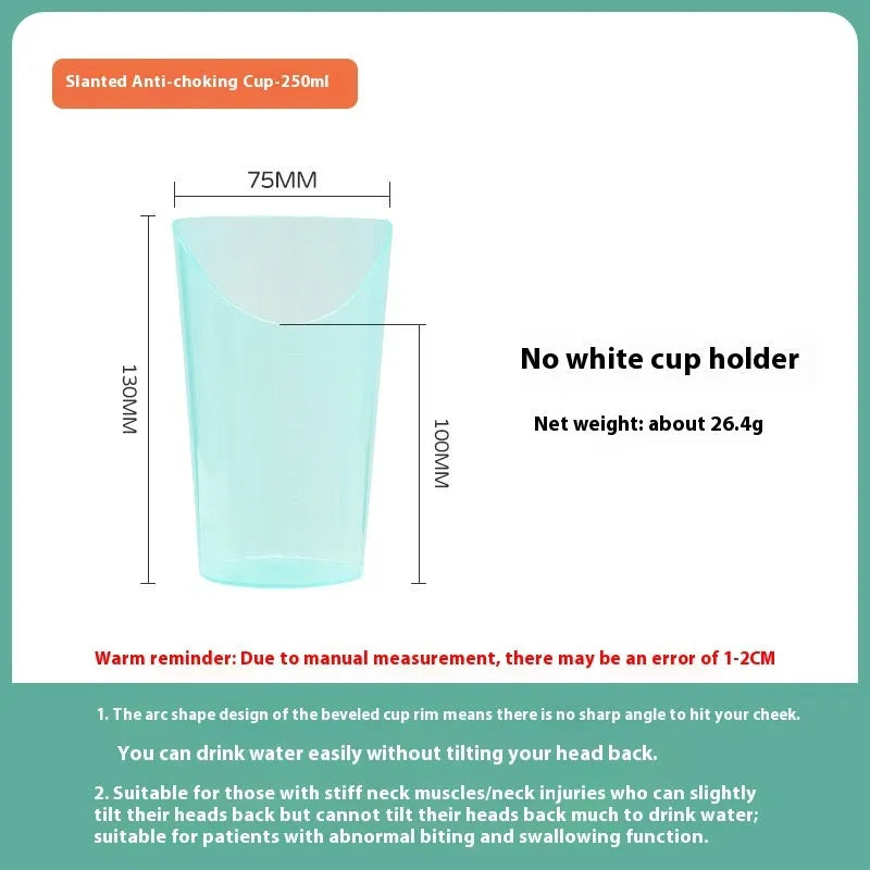 Oblique anti-choke drinking cup with handle and lid for bed use by elderly or pregnant women
