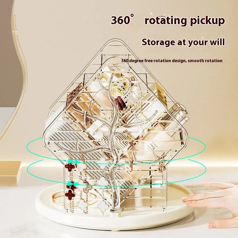 360 degree rotating cosmetics storage organiser box in clear and Amber Gold colours on a table.