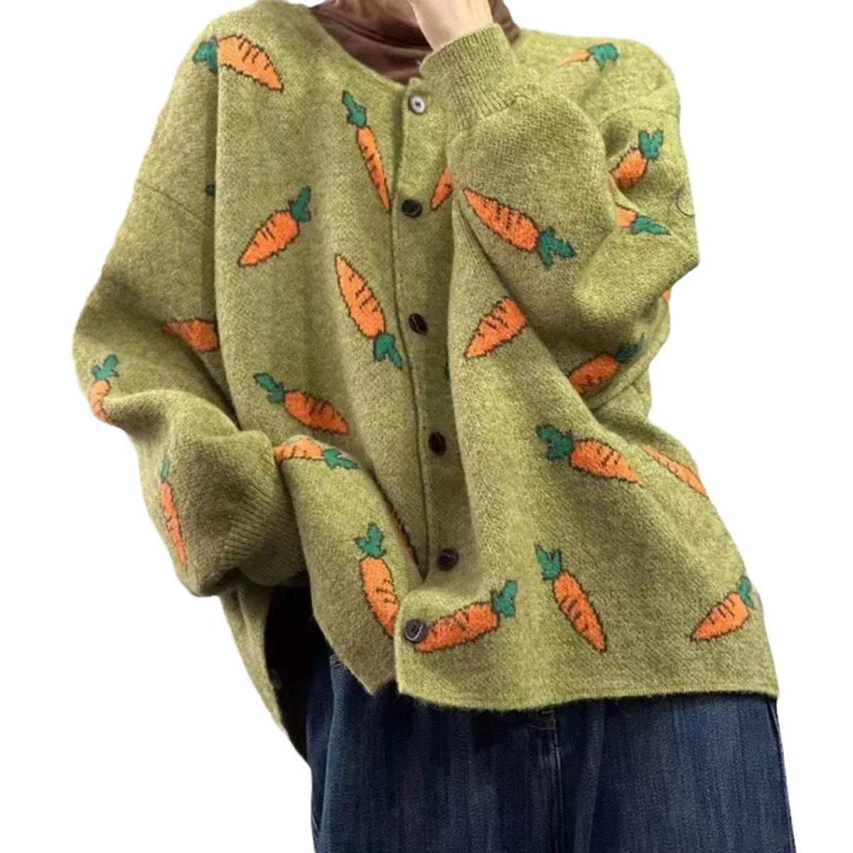 Women's loose fit cardigan sweater with Mori artistic printing colour contrast design