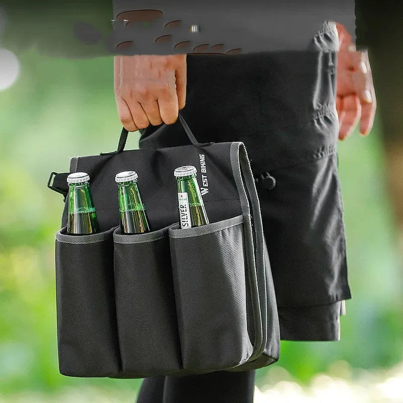 Double-sided black bicycle beverage bag mounted on bike frame showing 2 litre capacity