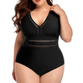 Black printed plus size women's bikini swimsuit with mesh fabric stitching detail