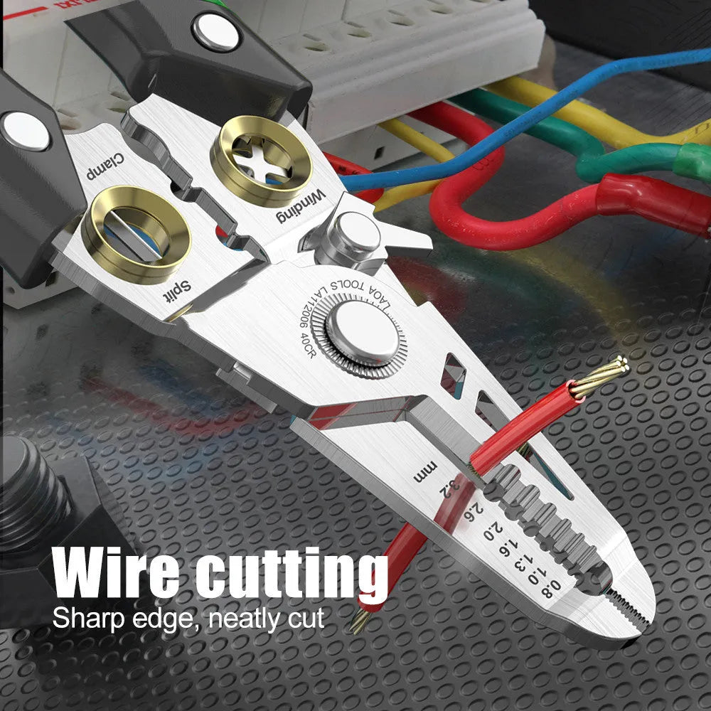 Stainless steel multifunctional wire stripper tool with seven different sized ports and two-colour handle