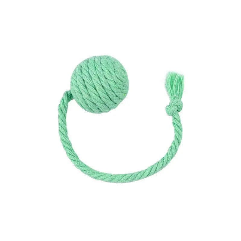 Colourful cat toy ball with rope tail and internal jingle bell in two size options