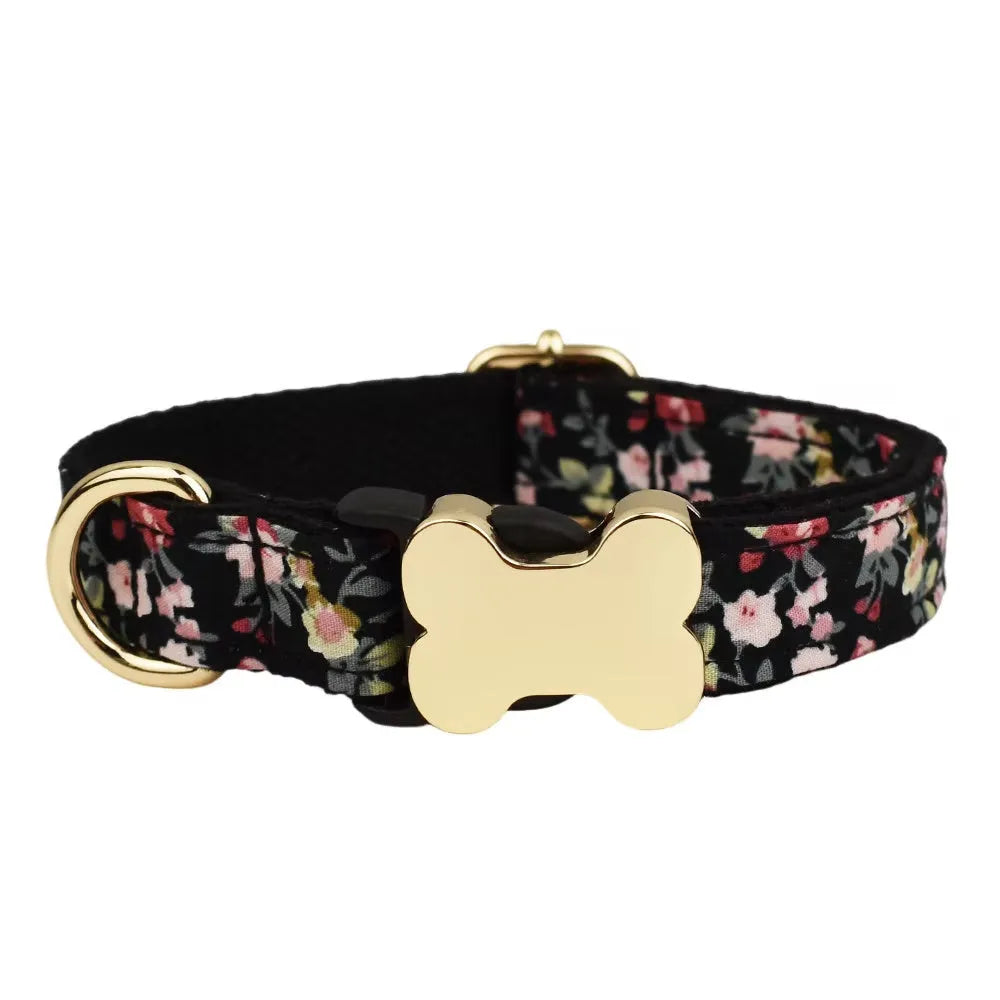 Nylon dog collar with printed grid pattern and metal bone buckle in multiple colour options