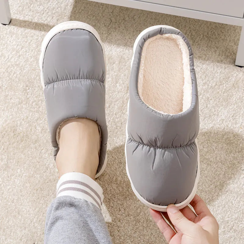 Down cotton couple slippers with artificial leather upper and non-slip rubber soles in multiple colour options