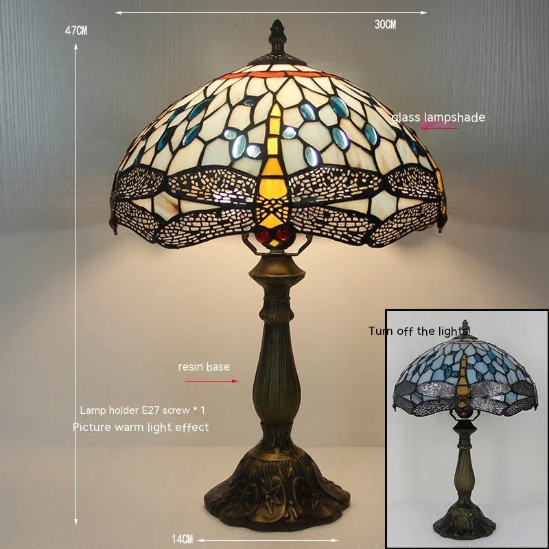 Tiffany dragonfly stone table lamp in European style with decorative blue and green motifs