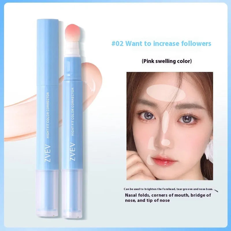 Concealer pen with sponge brush head applicator showing brightening, pink flesh, and flesh colour shades.