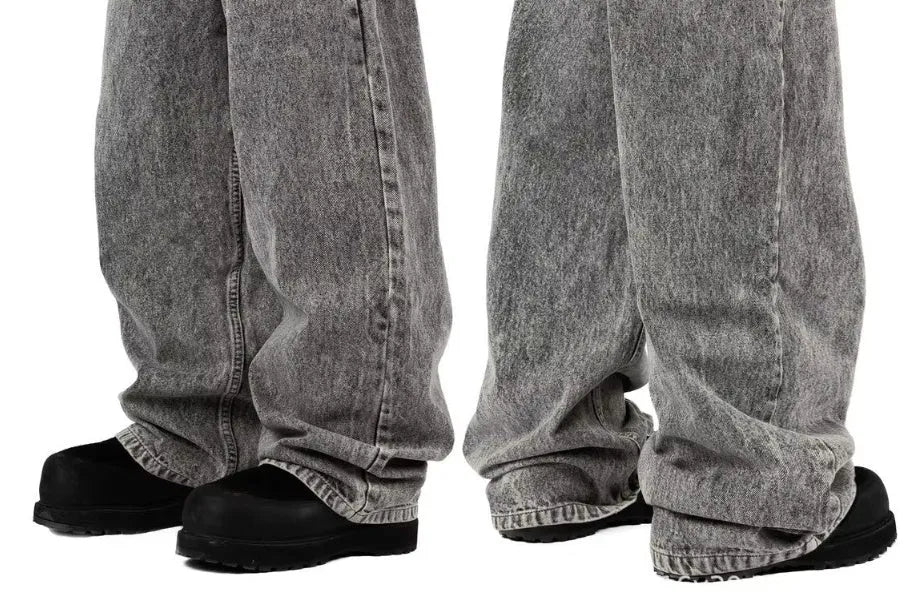 Grey loose straight-leg denim trousers for men and women with cotton fabric and mid waist