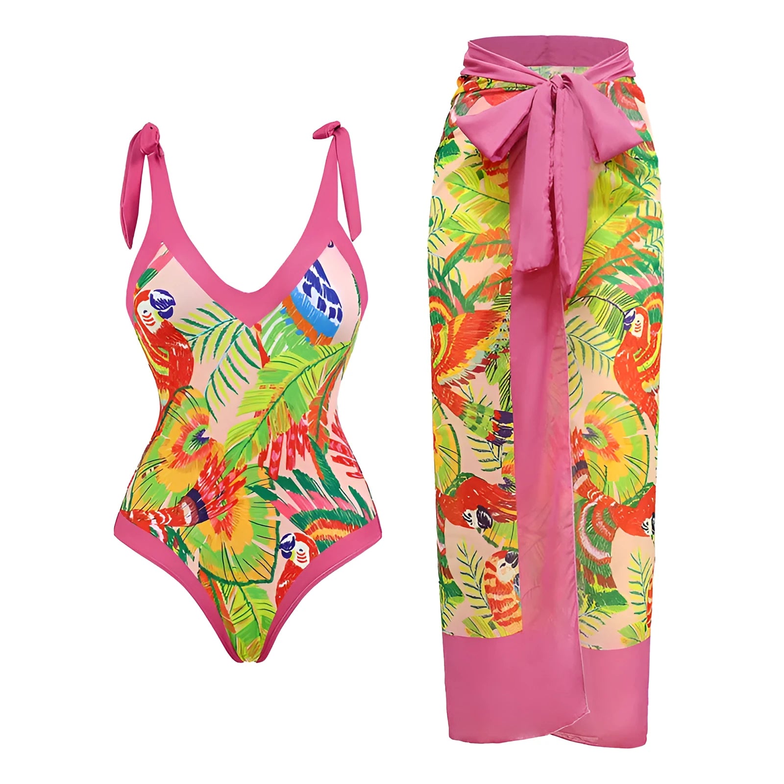 Women's solid colour one-piece swimsuit with spaghetti straps and a detachable skirt.