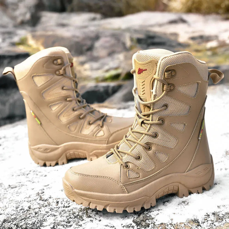 Men's cowhide hi-top hiking shoes in beige, a platform sneaker for outdoor climbing and camping.