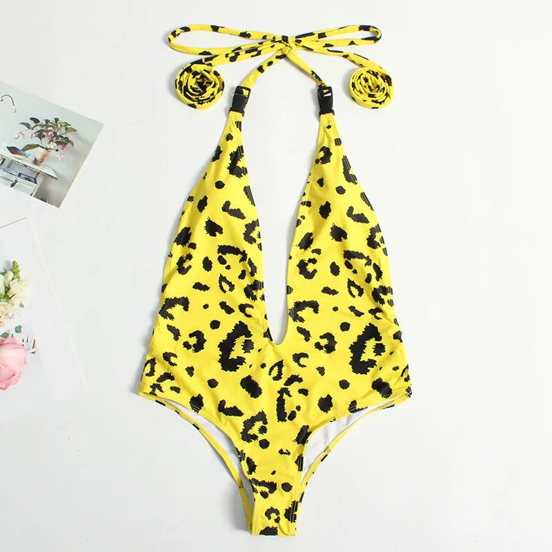 Backless one-piece leopard print swimsuit for women in red, snakeskin, yellow, silver white colours