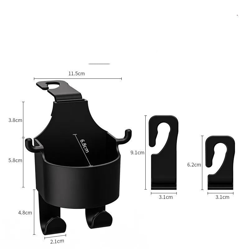 Black plastic car seat back hook with integrated cup holder for vehicle organisation
