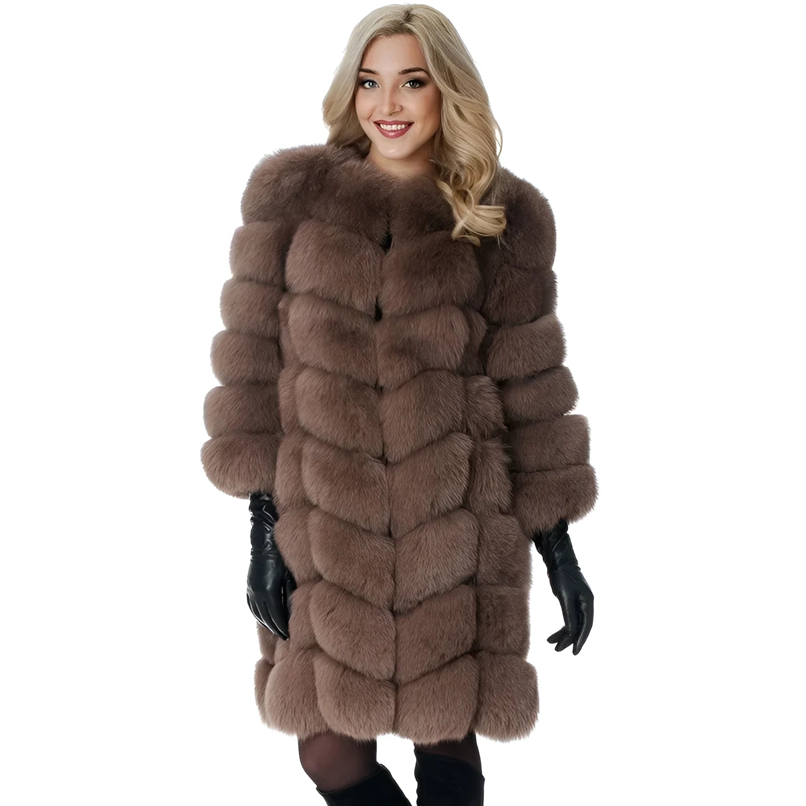 Women's thick black artificial fur coat with regular sleeves and 80cm length