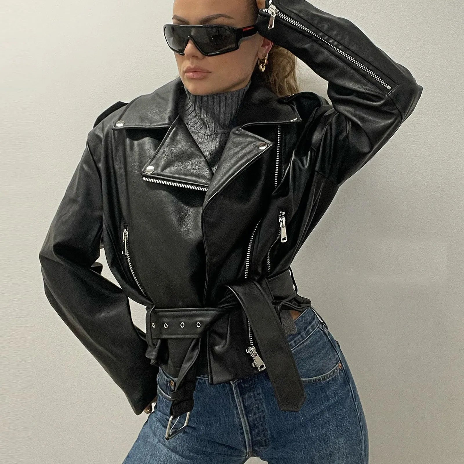 Black punk short belt lapel locomotive style jacket with Peter Pan collar and drawstring detail in polyester fibre