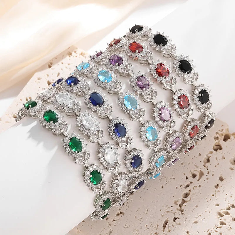 Women's zircon bracelet with electroplated finish in environmentally friendly alloy showing colour options