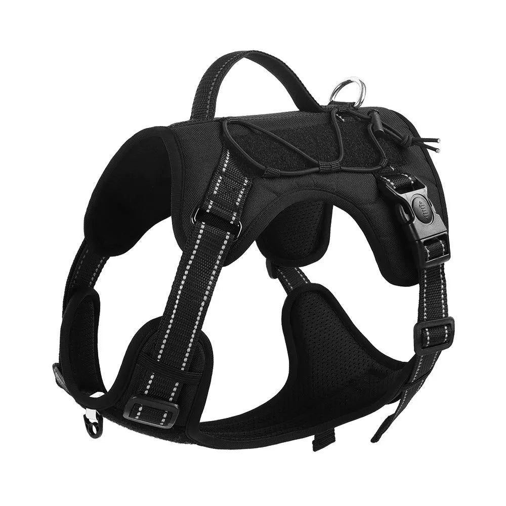 Orange reflective dog harness with black hand-holding rope shown on a dog.
