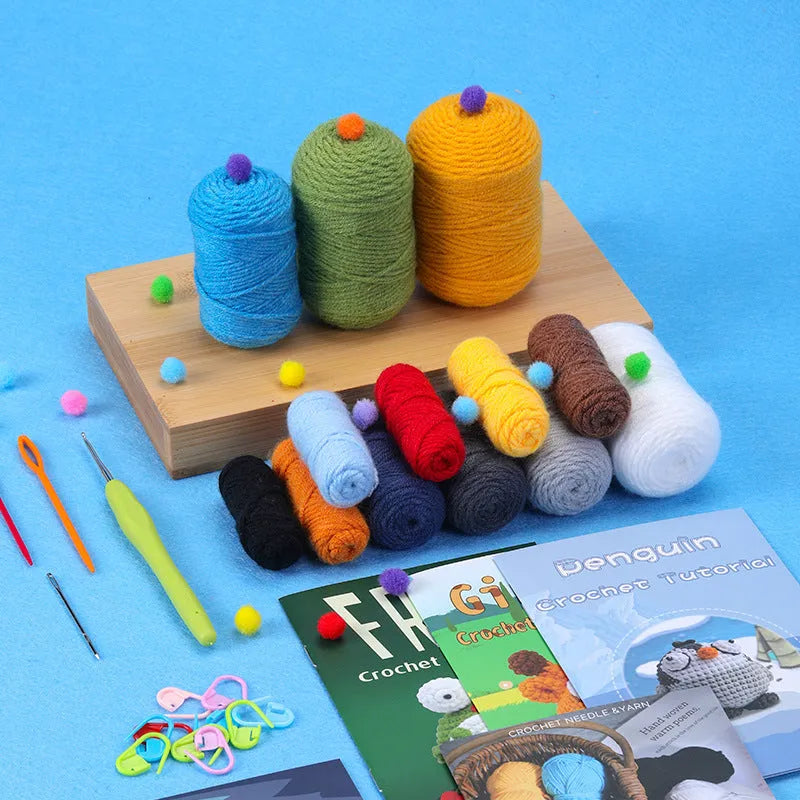 Ugly doll crocheted material package with white wool blend yarn ball and blue-yellow coaster model