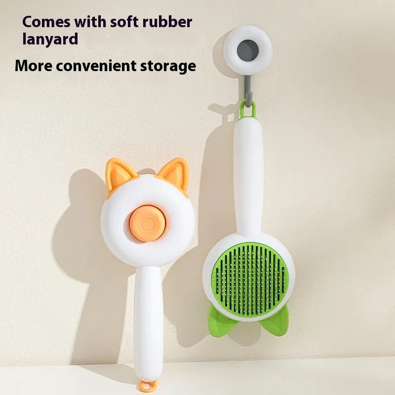 Self-cleaning cat grooming comb with stainless steel blades in greenish white or orange white colours