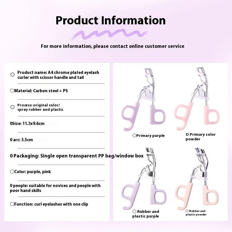 A4 chrome eyelash curler with scissor handles and a tail, shown in pink and purple colour options.
