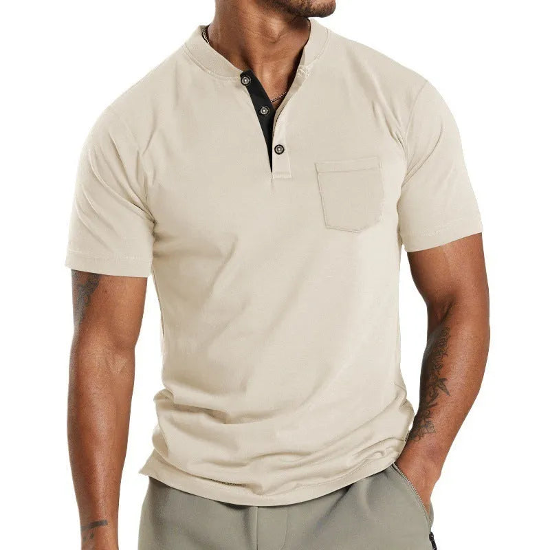 Plus size man modelling a solid colour short sleeve shirt with a chest pocket.