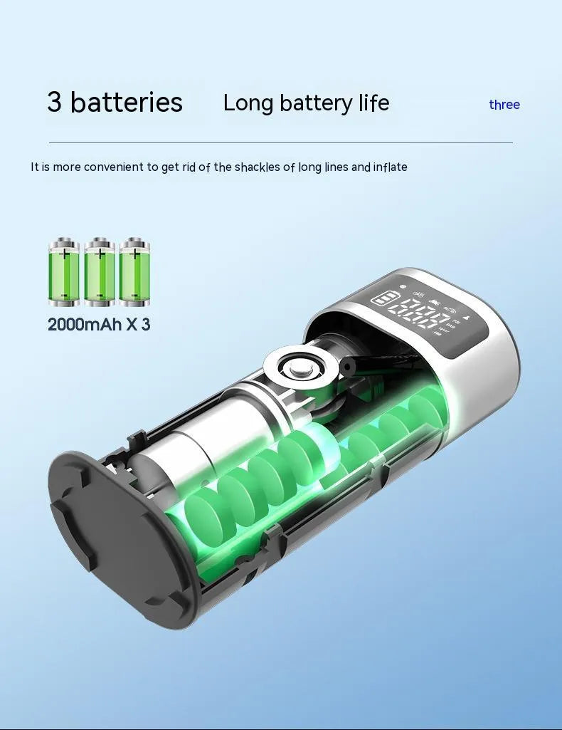 Black portable wireless air pump with metal construction, USB charging port, and 15cm inflation tube