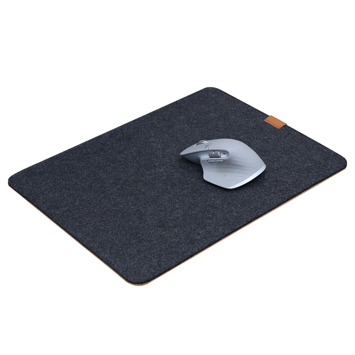 Oversized grey felt cork desk mat with minimalist design on a wooden desk