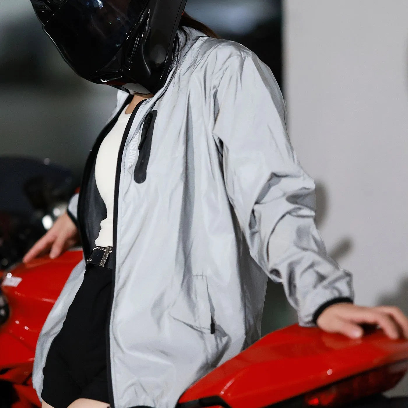 Silver waterproof windproof polyester long sleeve jacket BL220 with Asian to European size conversion chart