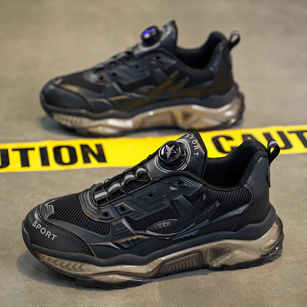 Men's black mesh sneakers with a rotating button on the side and a thick platform sole.