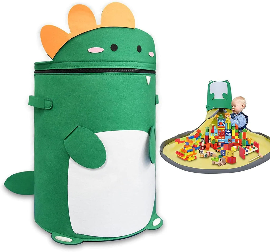 Green felt storage bag converted into a toy play mat with pull rope closure