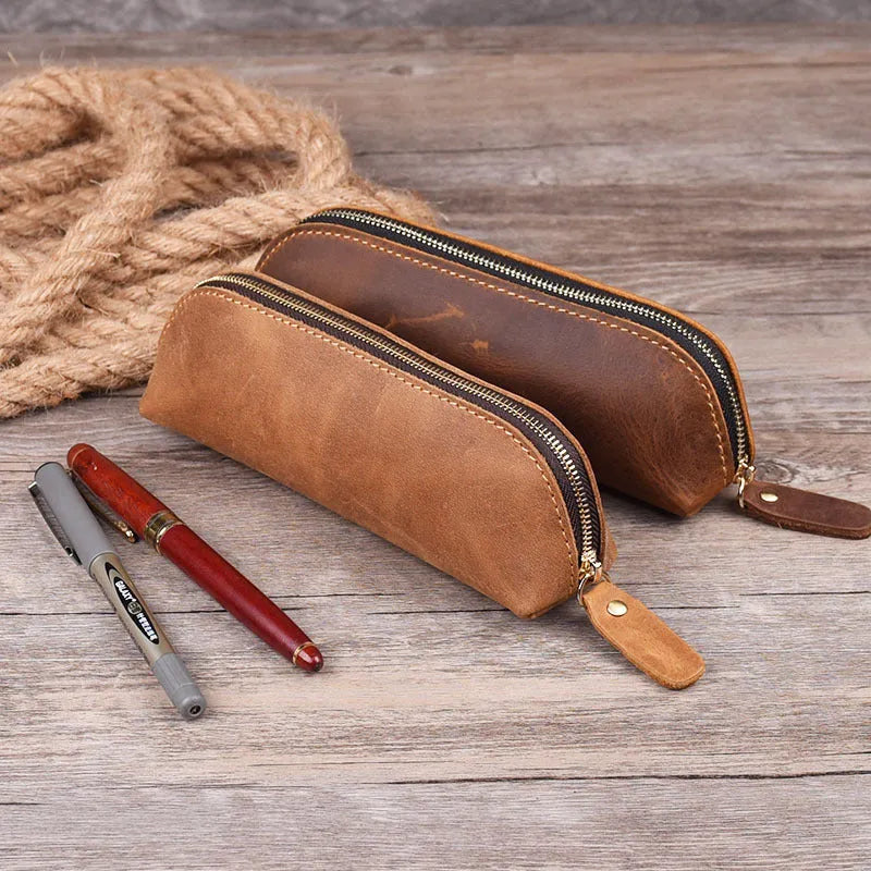 Handmade cowhide leather pencil case with zipper in square 18cm design