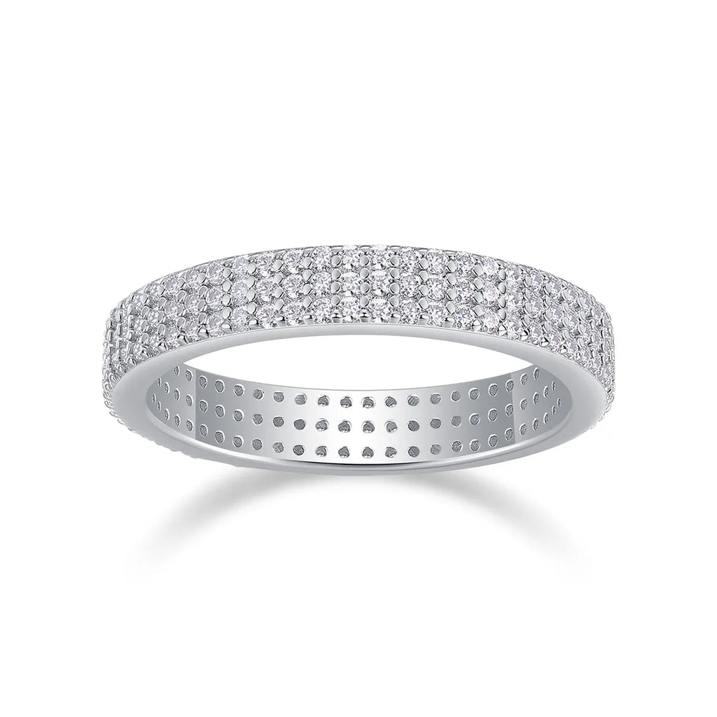 Moissanite wedding ring set in S925 silver with platinum plating, yellow gold colour, on white background