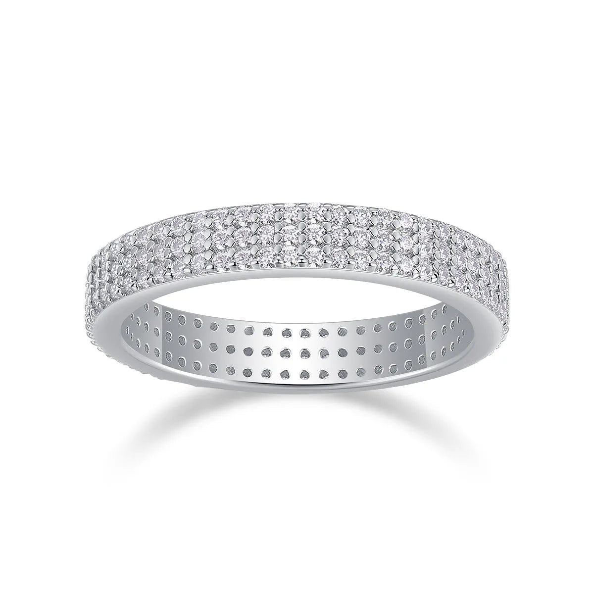 Moissanite wedding ring set in S925 silver with platinum plating, yellow gold colour, on white background