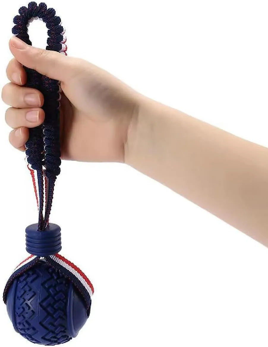 Blue and red dog ball with rope toy showing 6.5cm rubber ball attached to rope