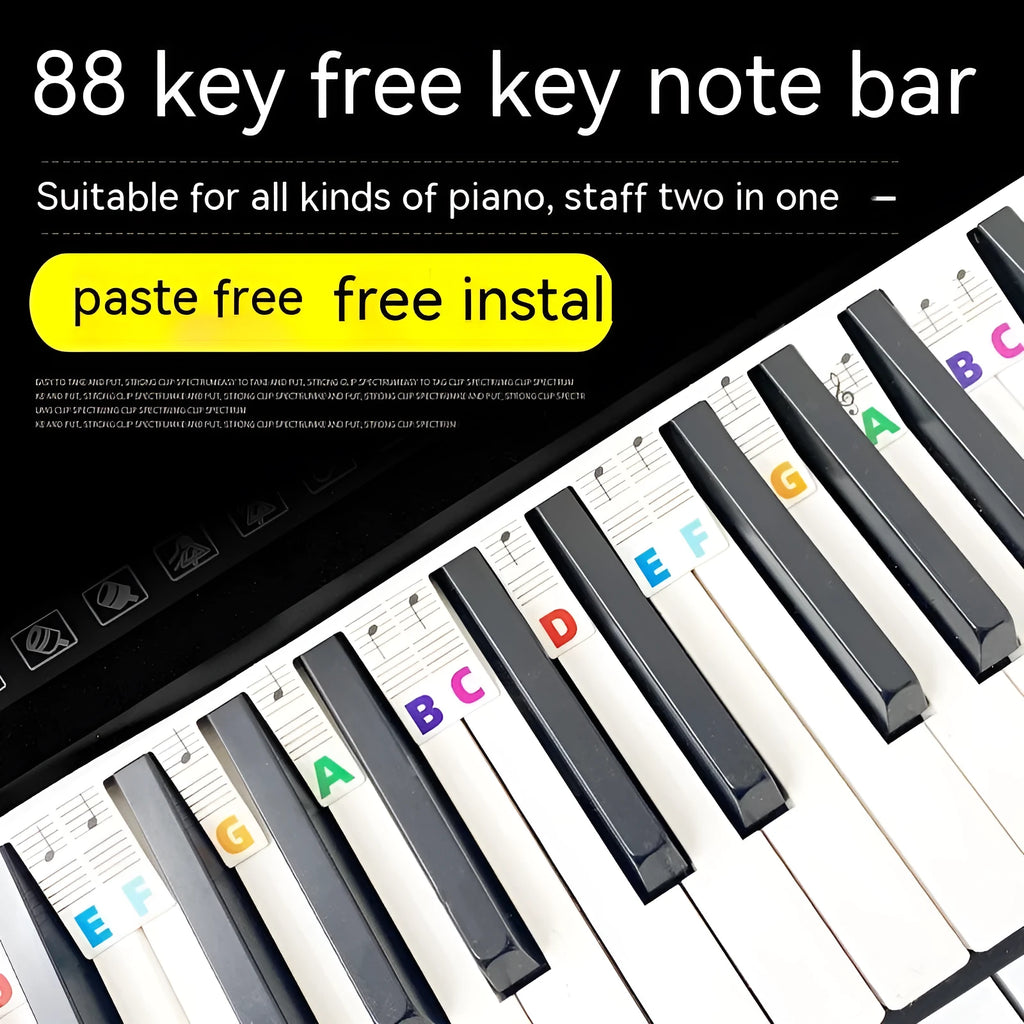 White cardboard piano keyboard stickers for 88-key staff notation learning with coloured note bars