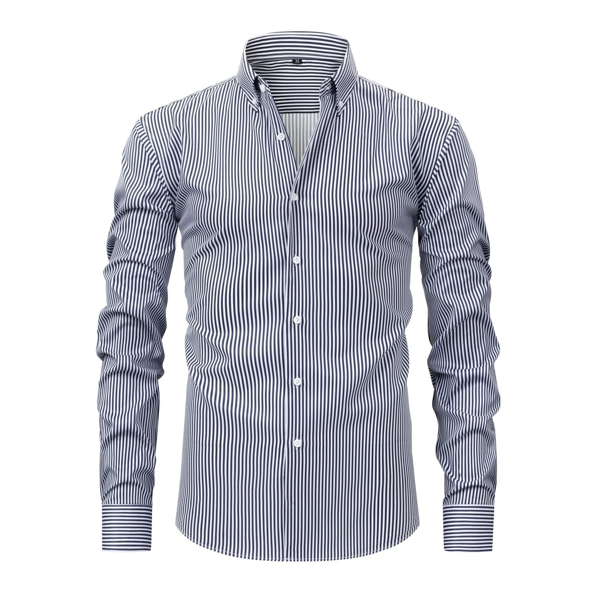 A man wearing a striped long-sleeved non-iron business casual shirt with a lapel collar.