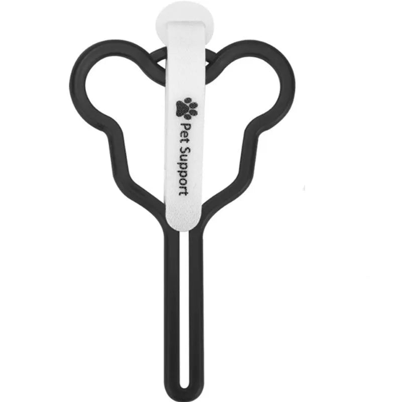 A dog poop bag holder with a fixed clip and adjustable Velcro strap, shown in a random colour.
