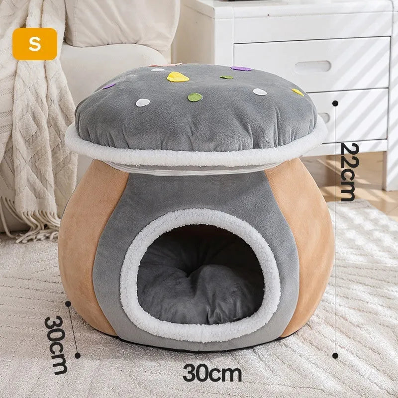 Grey mushroom-shaped plush cat bed showing enclosed cave design for cats.
