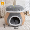 Grey mushroom-shaped plush cat bed showing enclosed cave design for cats.