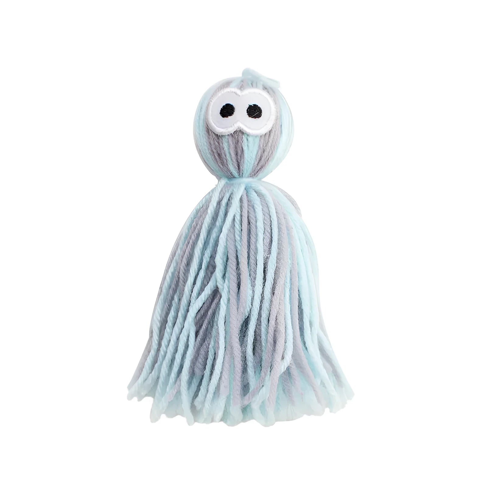 Bite-resistant wool ball cat toy with grinding teeth surfaces and hanging string in blue grey colour