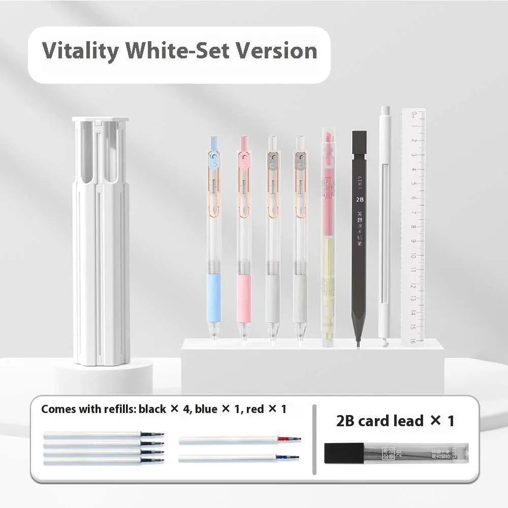 Six pen pencil case set with pressing pen in plastic construction available in Sky Blue, Vigorous White and Girl Pink colours