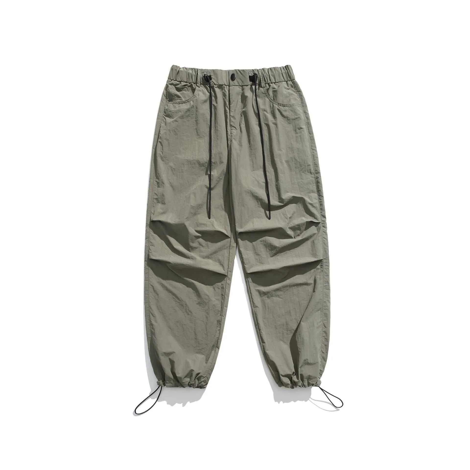 Men's casual trousers in thin ice silk nylon fabric with straight-leg fit, shown in multiple colour options