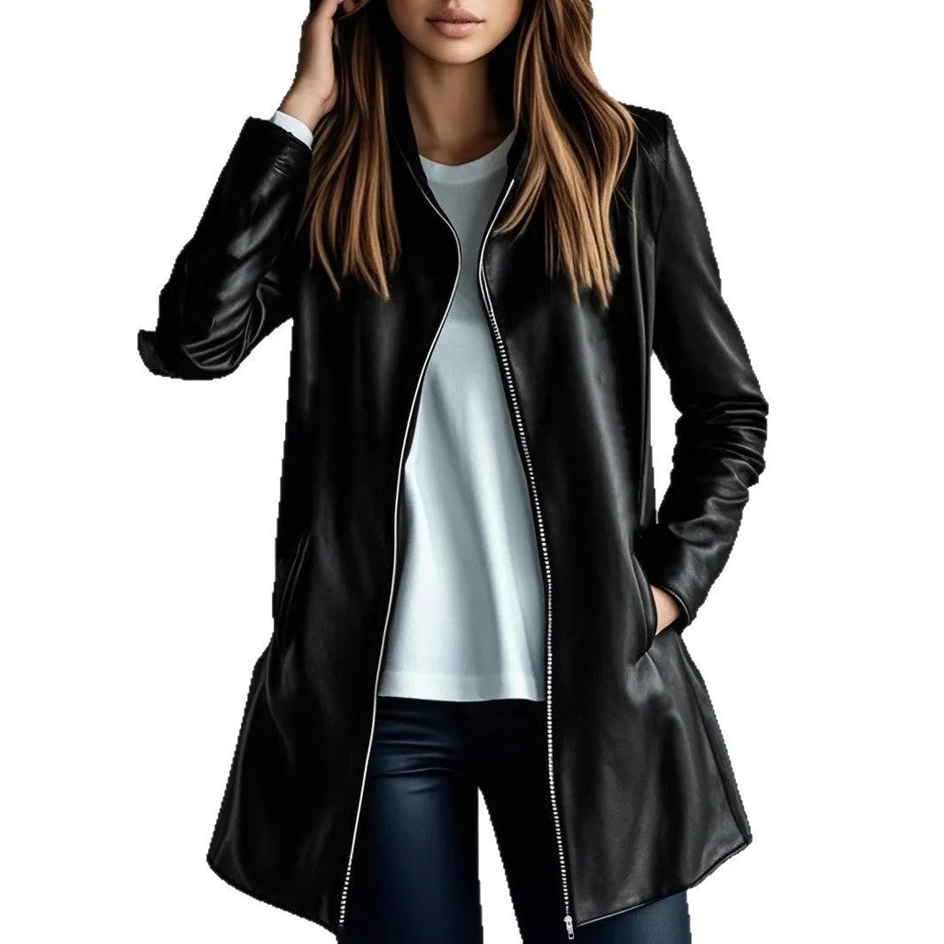 A black medium-length women's leather jacket with long sleeves, laid flat.