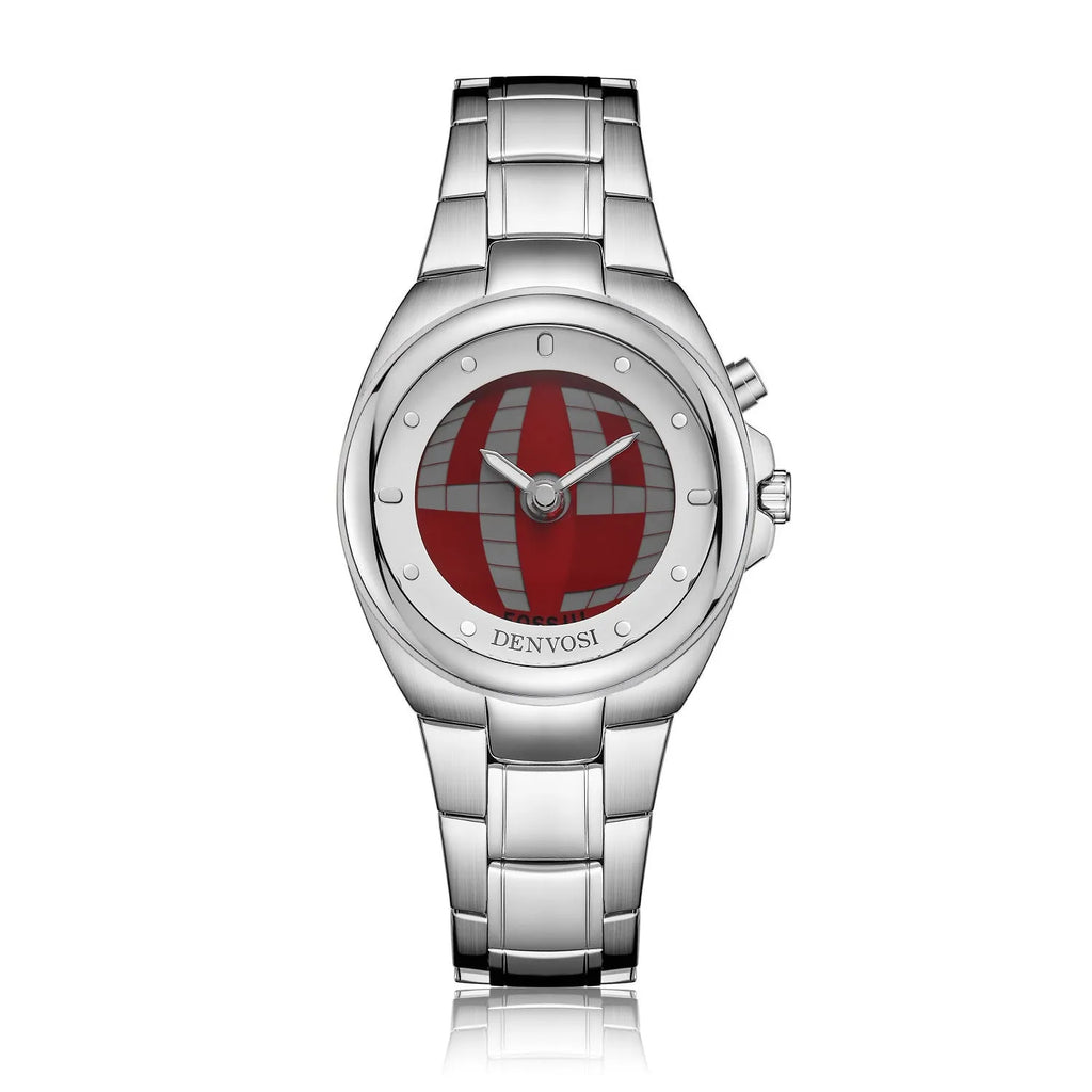 Y2K digital dual display watch with 40mm red face dial and stainless steel buckle on alloy strap
