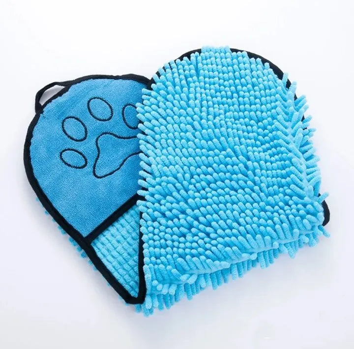 Blue pet bathrobe towel for drying dogs and cats, shown flat at 62cm by 23cm.