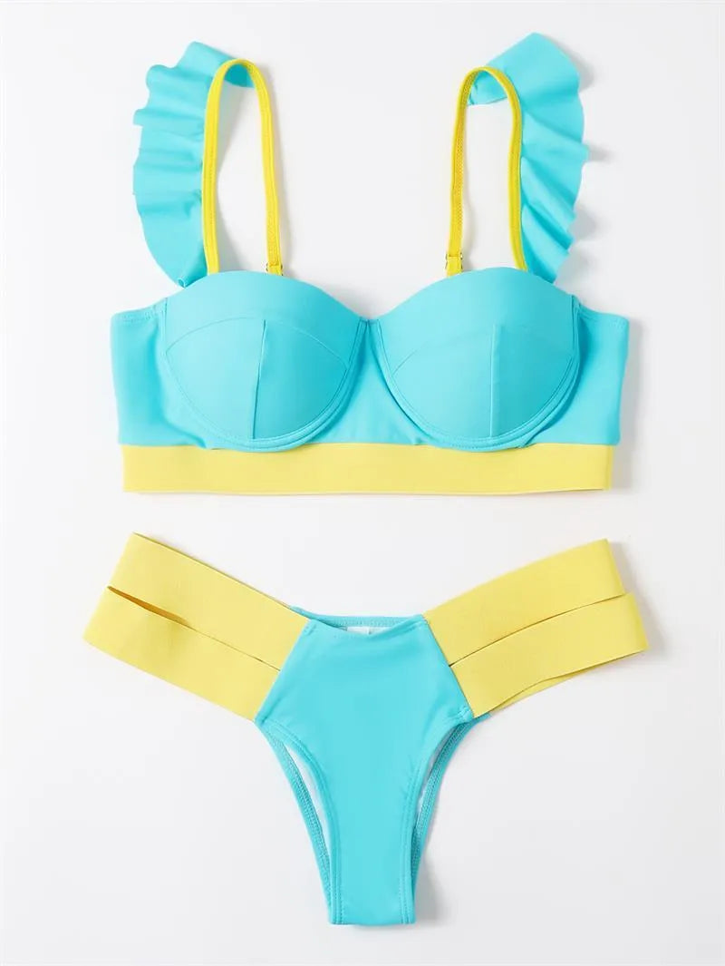 Women's contrasting colour bikini swimsuit with steel bracket push-up board in multiple colour options