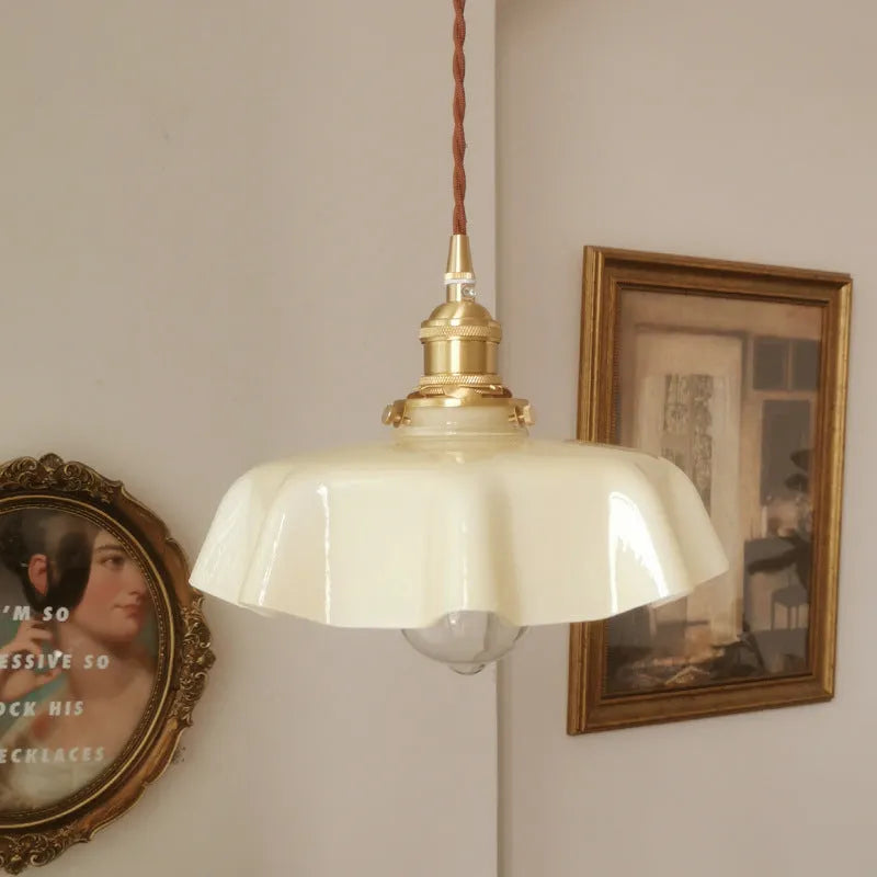 Medieval brass flower bud French chandelier with glass lamp body and adjustable height