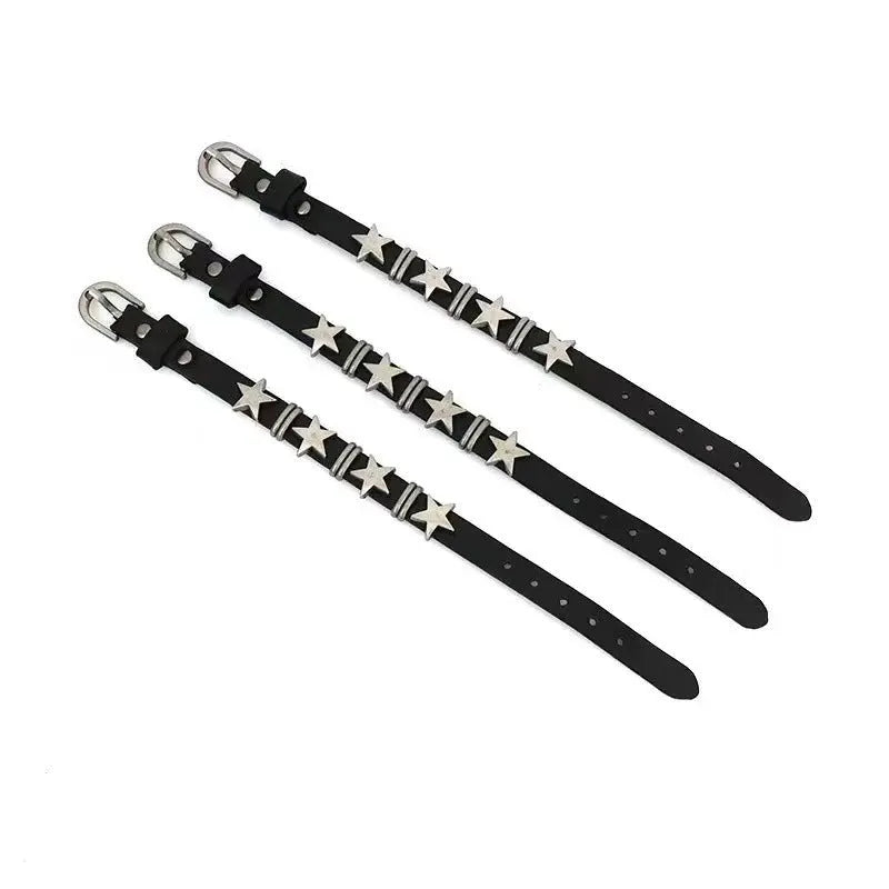 Black cowhide leather bracelet with five-pointed star design, unisex, retro punk style